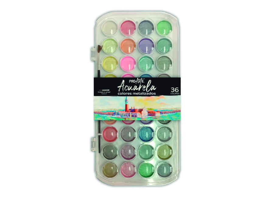  ACUARELA 36 COL. METALIZADAS + PINCEL PROARTE 