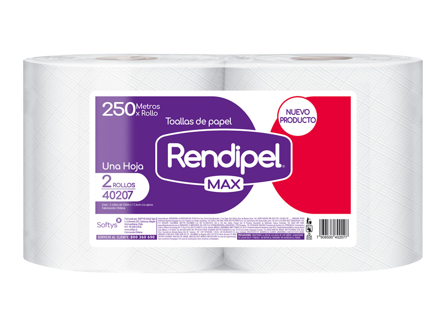  TOALLA PAPEL  2 ROLL.250 MT H/S RENDIPEL MAX 40207 