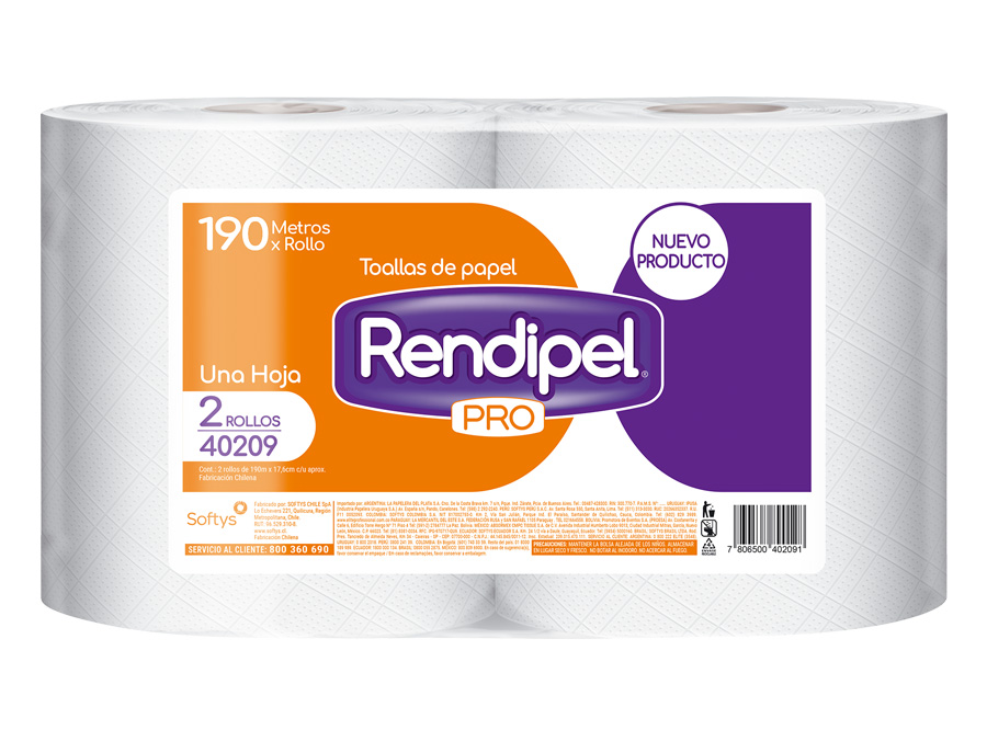  TOALLA PAPEL  2 ROLL.190 MT H/S RENDIPEL PRO 40209 