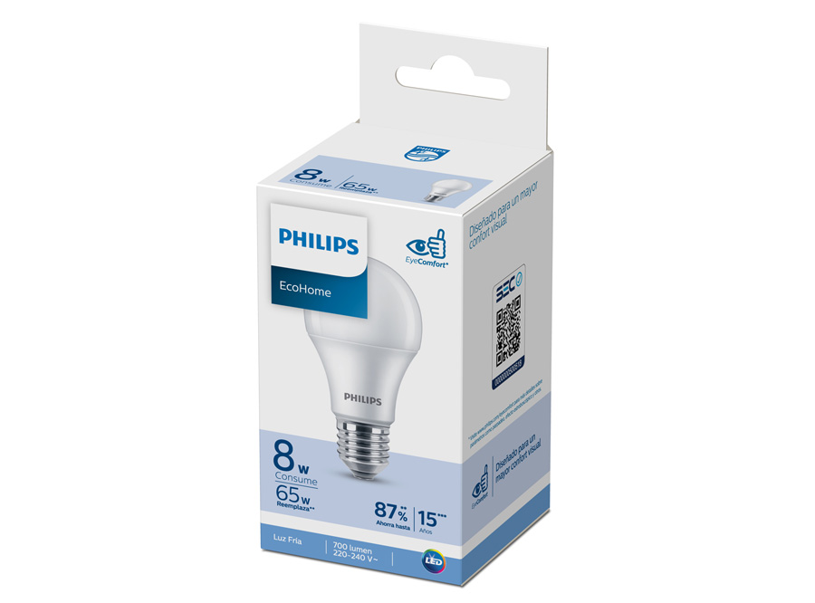  AMPOLLETA LED 8W ECOHOME LUZ FRIA 6500KHV PHILIPS 