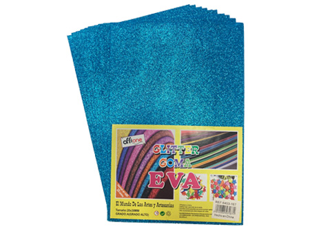  GOMA EVA 30X20 X 10 UN 2MM C/GLITTER CELESTE OFFIO 