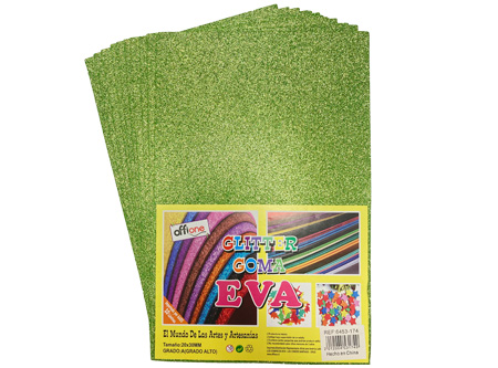  GOMA EVA 30X20 X 10 UN 2MM C/GLITTER VERDE CLARO O 
