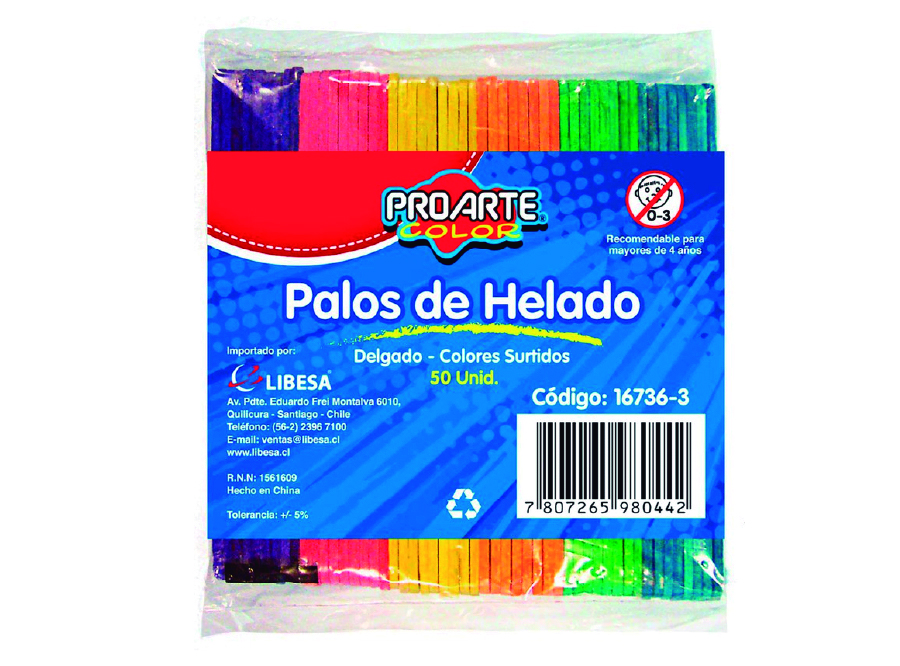  PALOS HELADO COLOR DELGADO BOLSA X 50 UND PROARTE 
