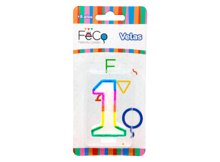  VELA CUMPLEA�OS N.  1 X 1 UN C/GLITER FECO 