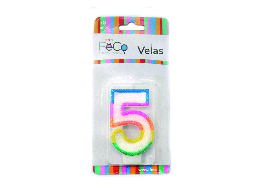  VELA CUMPLEA�OS N.  5 X 1 UN C/GLITER FECO 