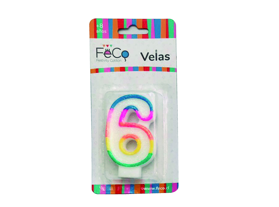  VELA CUMPLEA�OS N.  6 X 1 UN C/GLITER FECO 