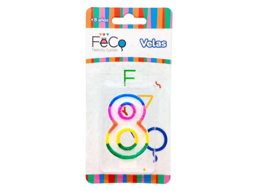  VELA CUMPLEA�OS N.  8 X 1 UN C/GLITER FECO 