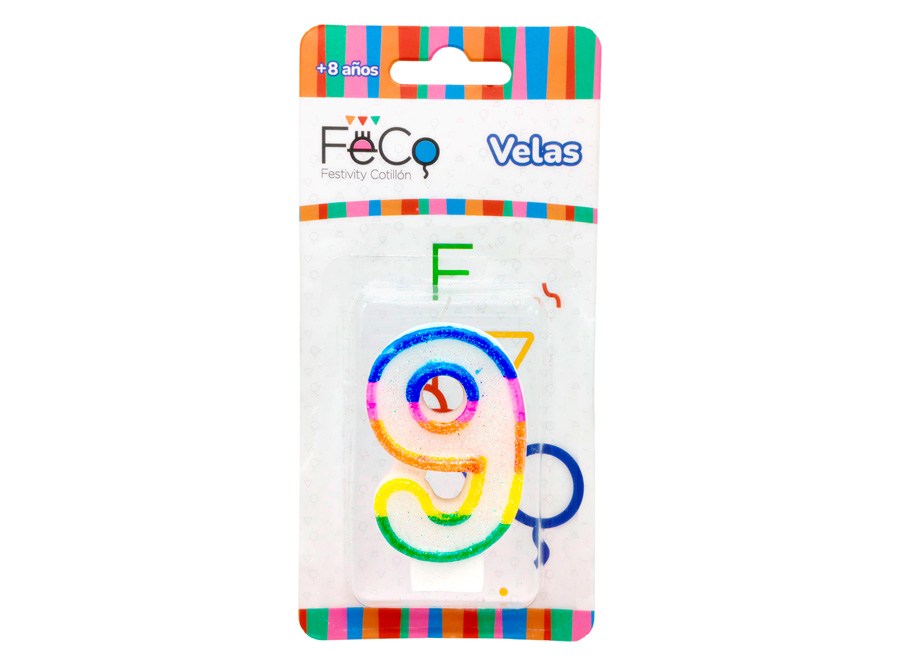  VELA CUMPLEA�OS N.  9 X 1 UN C/GLITER FECO 